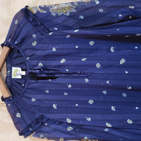 Fig & Flower Estilo Blue Floral Print Long Sleeve Peasant Blouse Size XL - Picture 2 of 8